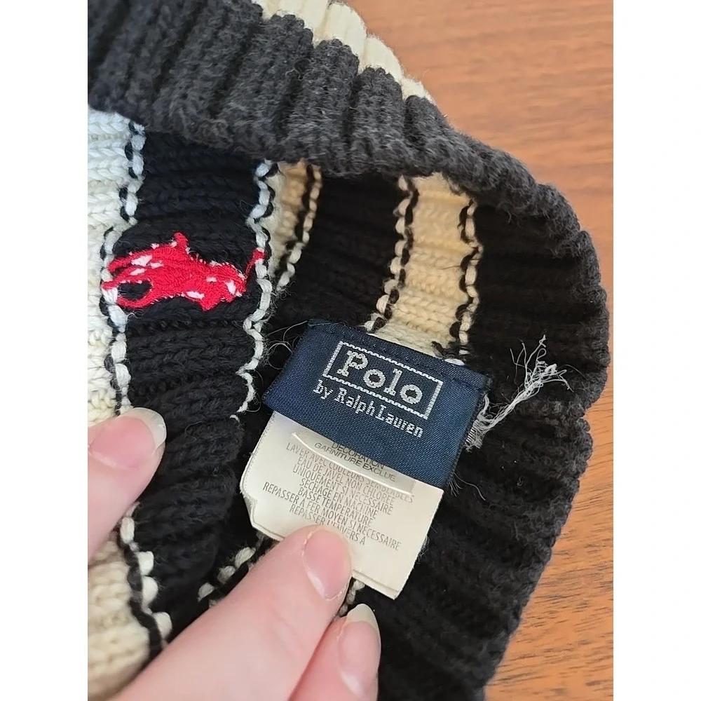 Polo Ralph Lauren Vintage Youth Blue Striped Beanie Knit Hat 4-7 Navy Red Pony
